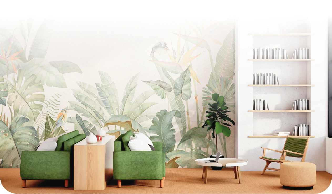 Stunning Office Area with Tropical Wallpaper by Honpo